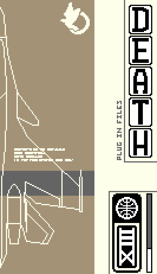 A pixel art version of the 'Death' tarot card. On the left side of the card is an outline of the "Su-37 Super Flanker" aircraft from Ace Combat: Electrosphere. 'DEATH' is spelled out vertically on the right edge of the card. '13', written in Roman numerals, is below it. The emblem for the "Universal Peace Enforcement Organization" is at the top of the card.