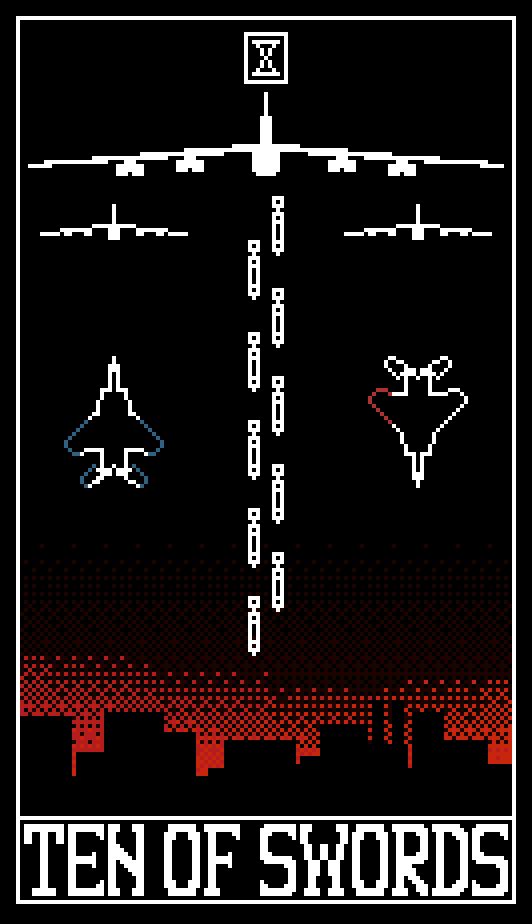 A pixel art rendition of the "Ten of Swords" tarot cards. A city is at the bottom of the card, illuminated by fire. 3 pure white silhouettes of a B-52 Stratofortress' are at the top of the card. 10 bombs are below the central B-52, arranged in a staggered pattern. On the left side of the card, is a small outline of a F-15C Eagle in Cipher's livery, facing upward. On the right side of the card, is another outline of a F-15C Eagle, in Pixy's livery. It is facing downwards, towards the burning city.