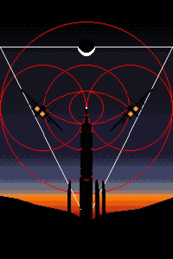A pixel artwork depicting 'Excalibur' from the game 'Ace Combat Zero'. Excalibur is pure black, only visible from it's red warning lights, and from it being silhouetted against a distant sunset. Above it is a crescent moon. Facing Excalibur are two F-15C aircraft, silhouetted against the sunset. Behind Excalibur are the outlines of 4 red circles, and a white triangle.