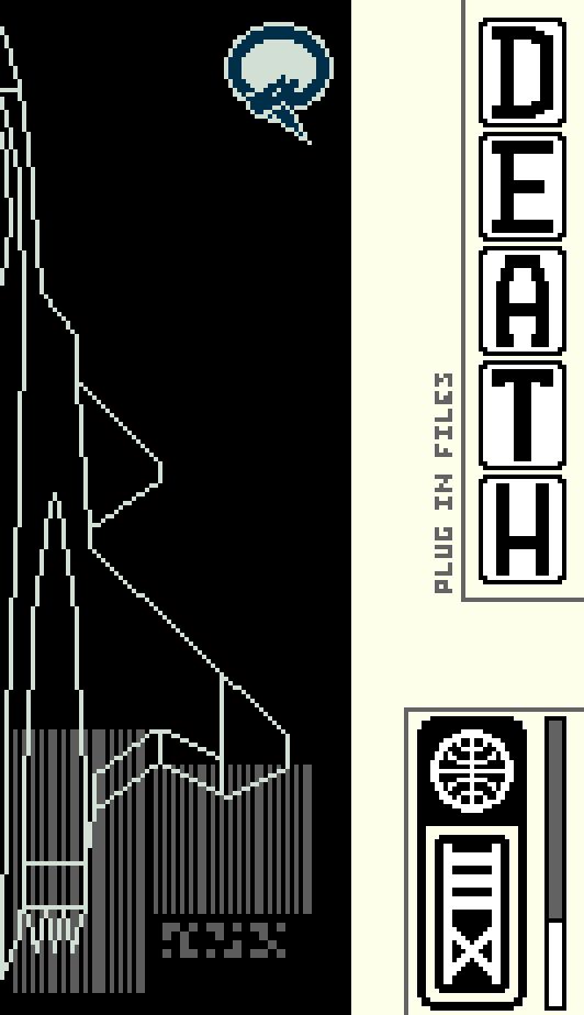A pixel art version of the 'Death' tarot card. On the left side of the card is an outline of the "XFA-36A Game" aircraft from Ace Combat: Electrosphere. 'DEATH' is spelled out vertically on the right edge of the card. '13', written in Roman numerals, is below it. The emblem for the "Ouroboros" organization is at the top of the card.