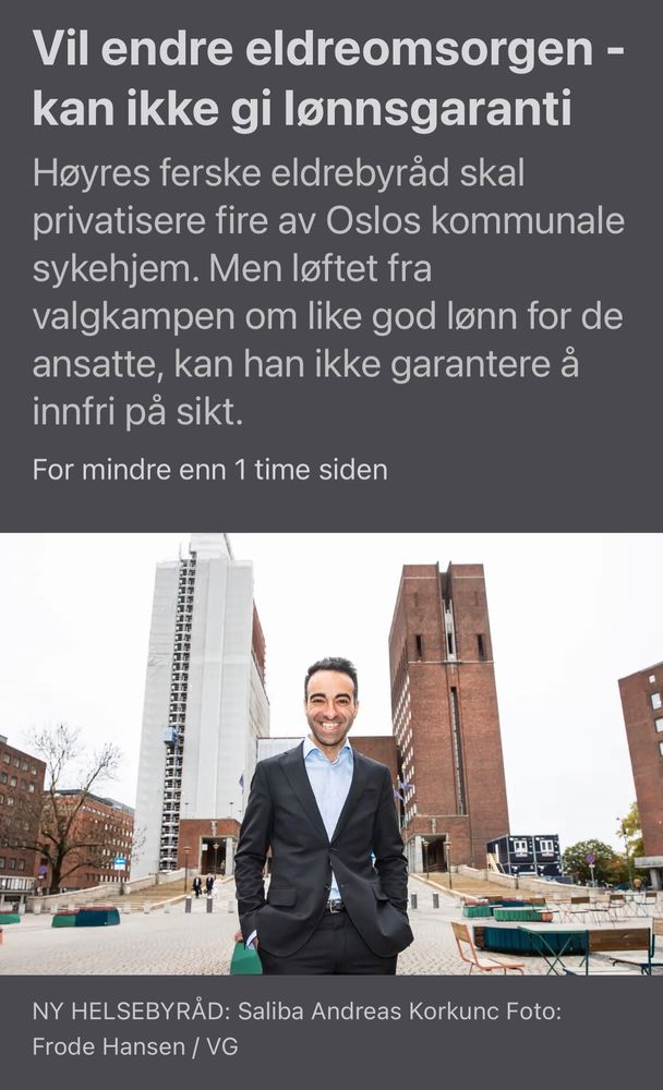 Bilde av vg sak hvor Høyres byråd skal privatisere fire sykehjem