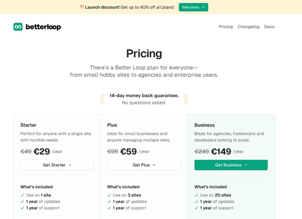 Screenshot of the Better Loop pricing page showing discounted prices