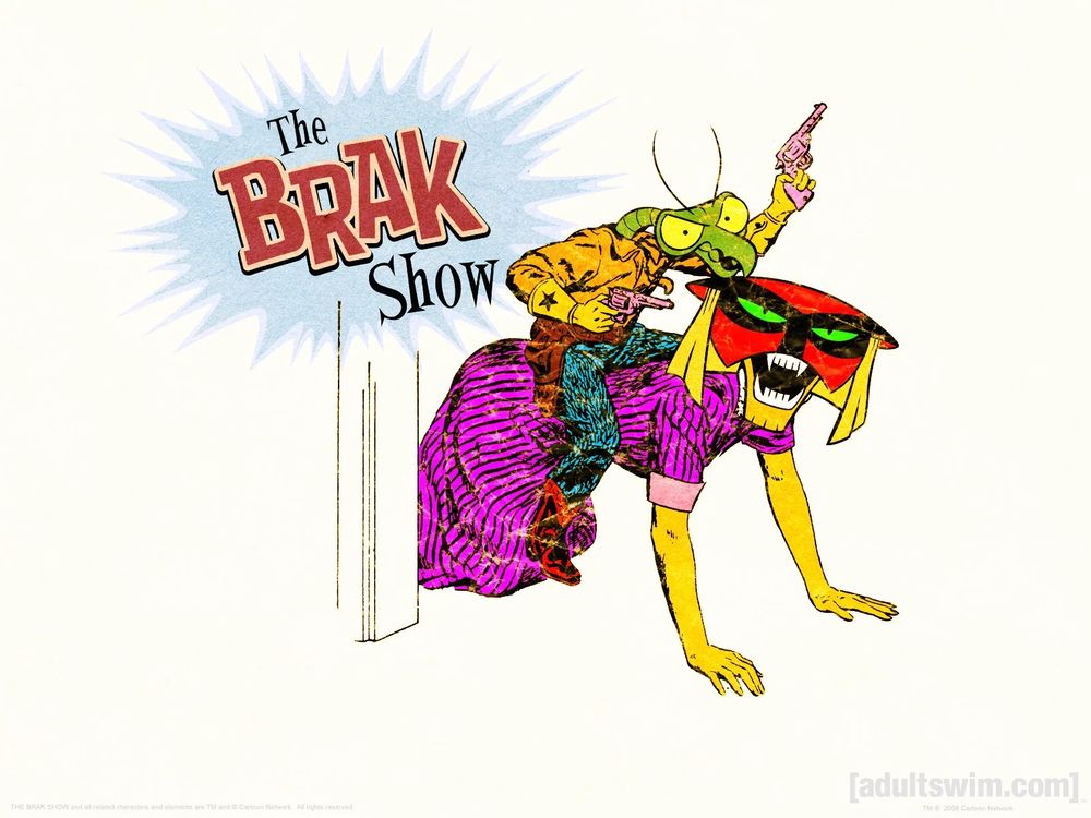 A Brak Show illustration that depicts a vintage illustration of a mom with her son riding on her back, pretending to be a cowboy; edited so Brak is the mom and Zorak is the son