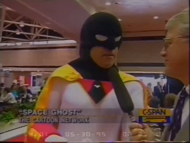 Lowe dressed as his character Space Ghost, representing The Cartoon Network at a C-Span covered broadcasting event 