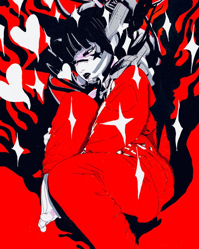 3D illustration of an OC surrounded by hearts and black fire #art