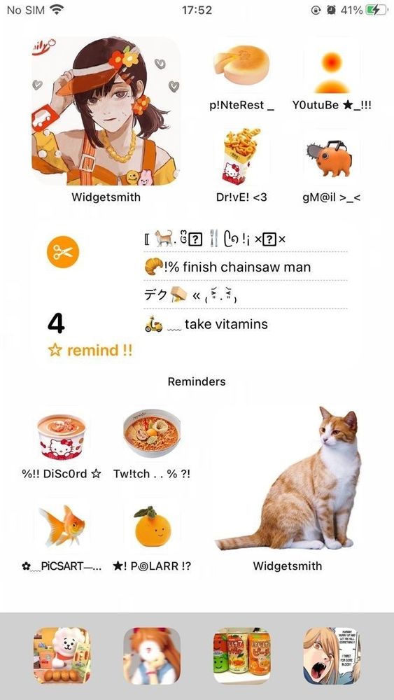 Tela principal de um celular com decorações em laranja 