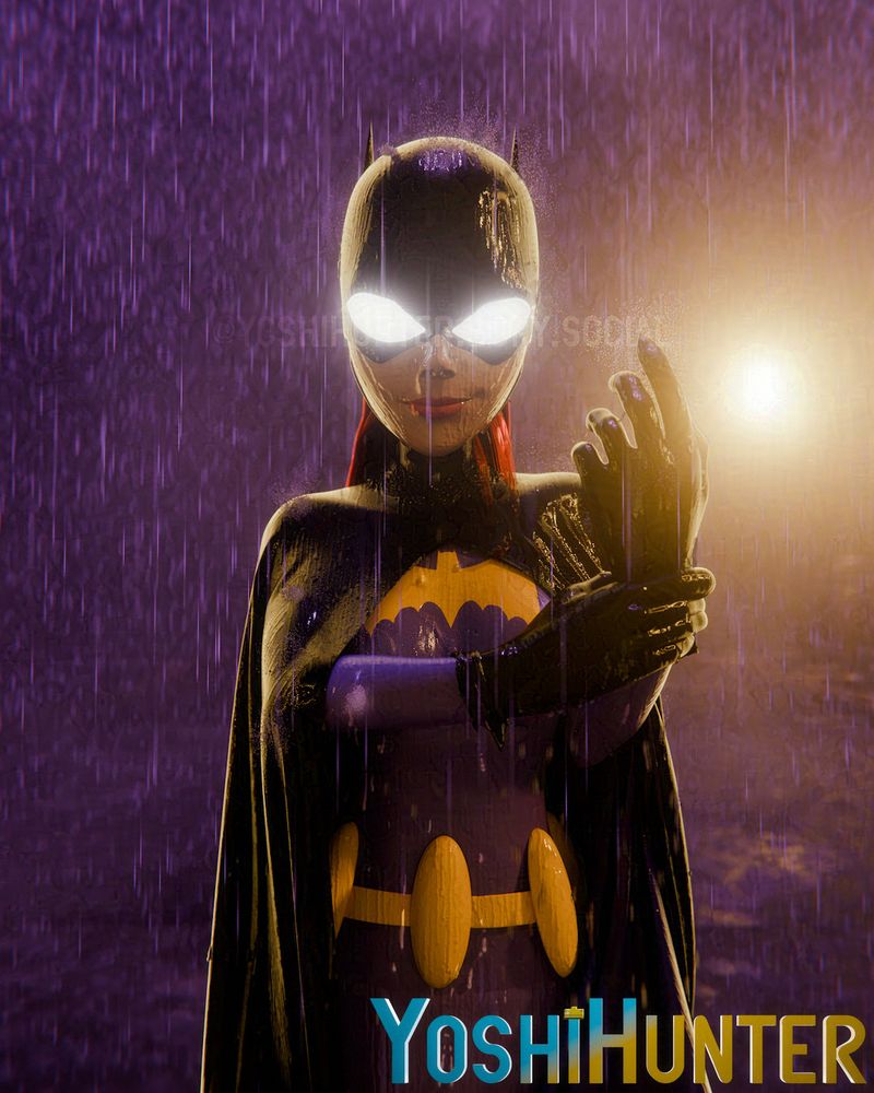 Batgirl ( Barbara Gordon ) tightens up her glove while confidently smirking at the camera, while also standing drenched in the pouring rain.

"Street" (https://skfb.ly/6wtQu) by DJMaesen is licensed under Creative Commons Attribution (http://creativecommons.org/licenses/by/4.0/).