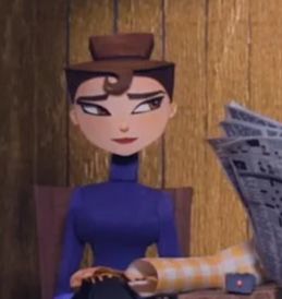 A screenshot of Hazel, a character in "Gruff." Beautiful with pale skin, sharp brown eyes. Sports a tight bun of hair and turtleneck sweater.