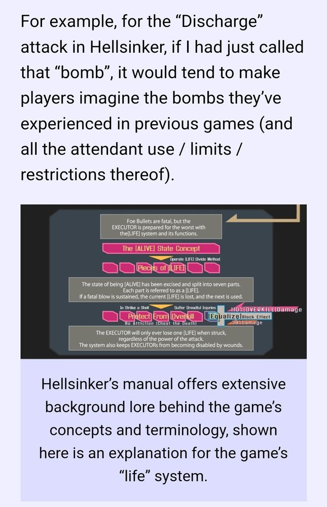 "For example, for the 'Discharge' atack in Hellsinker, if I had just called that 'bomb', it would tend to make players imagine the bombs they've experienced in previous games (and all the attendant use / limits / restrictions thereof)

and then there's a diagram explaining the lives system in universe