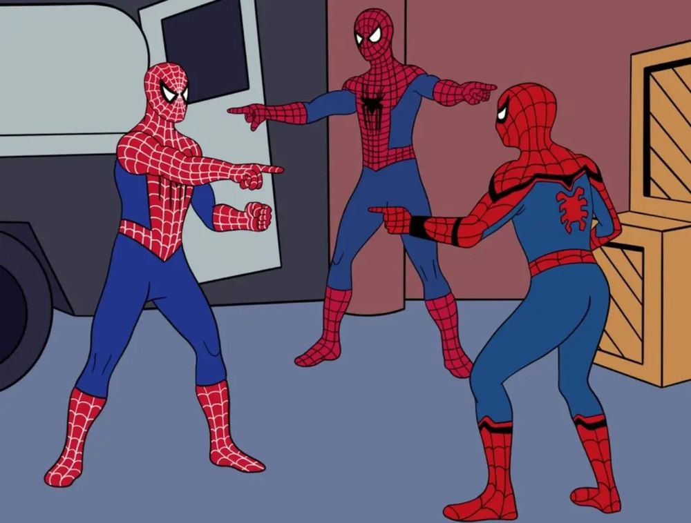 Cartoon cel of three people in Spiderman costumes in a circle pointing at each other.