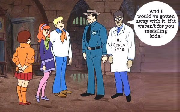 Another villain caught by the Scooby-Doo gang, telling them 