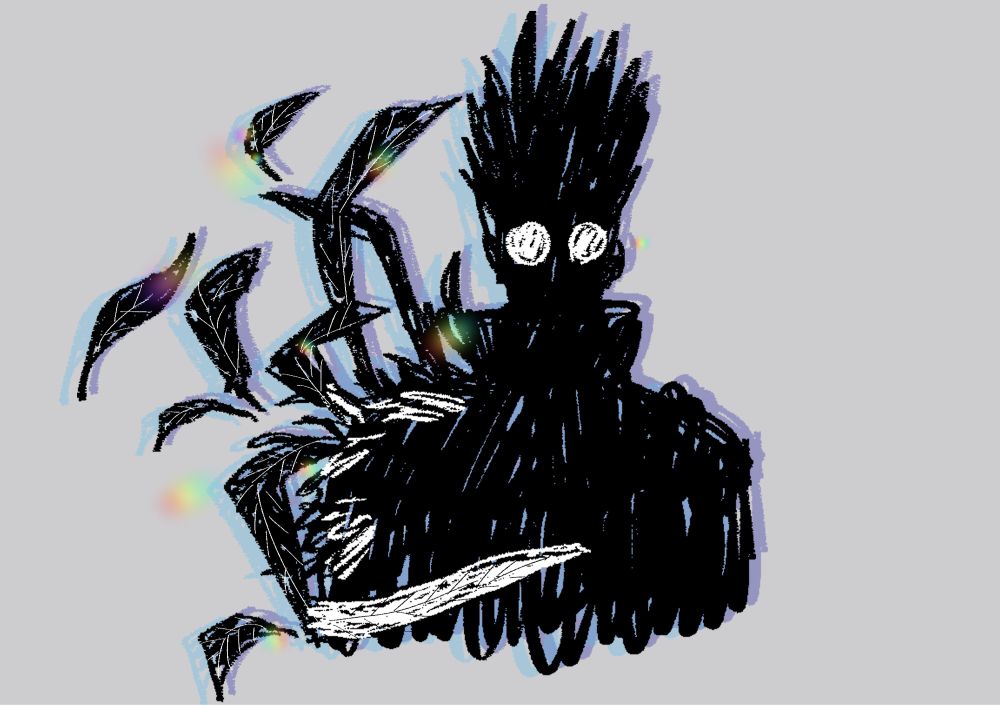 Rough, sketchy silhouette drawing of vash, wings sprouting out of his shoulder. The majority of the drawing is black and textured. His glasses and a few feathers stand out in white.