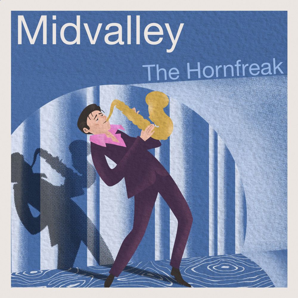 Cartoonish drawing of midvalley playing the saxophone, standing in a spotlight on the stage. He’s leaning back, playing hard. It looks like a fake album cover, titled Midvalley the horn freak. It’s drawn in a 50s or 60s style art, with screen tones and lots of texture.