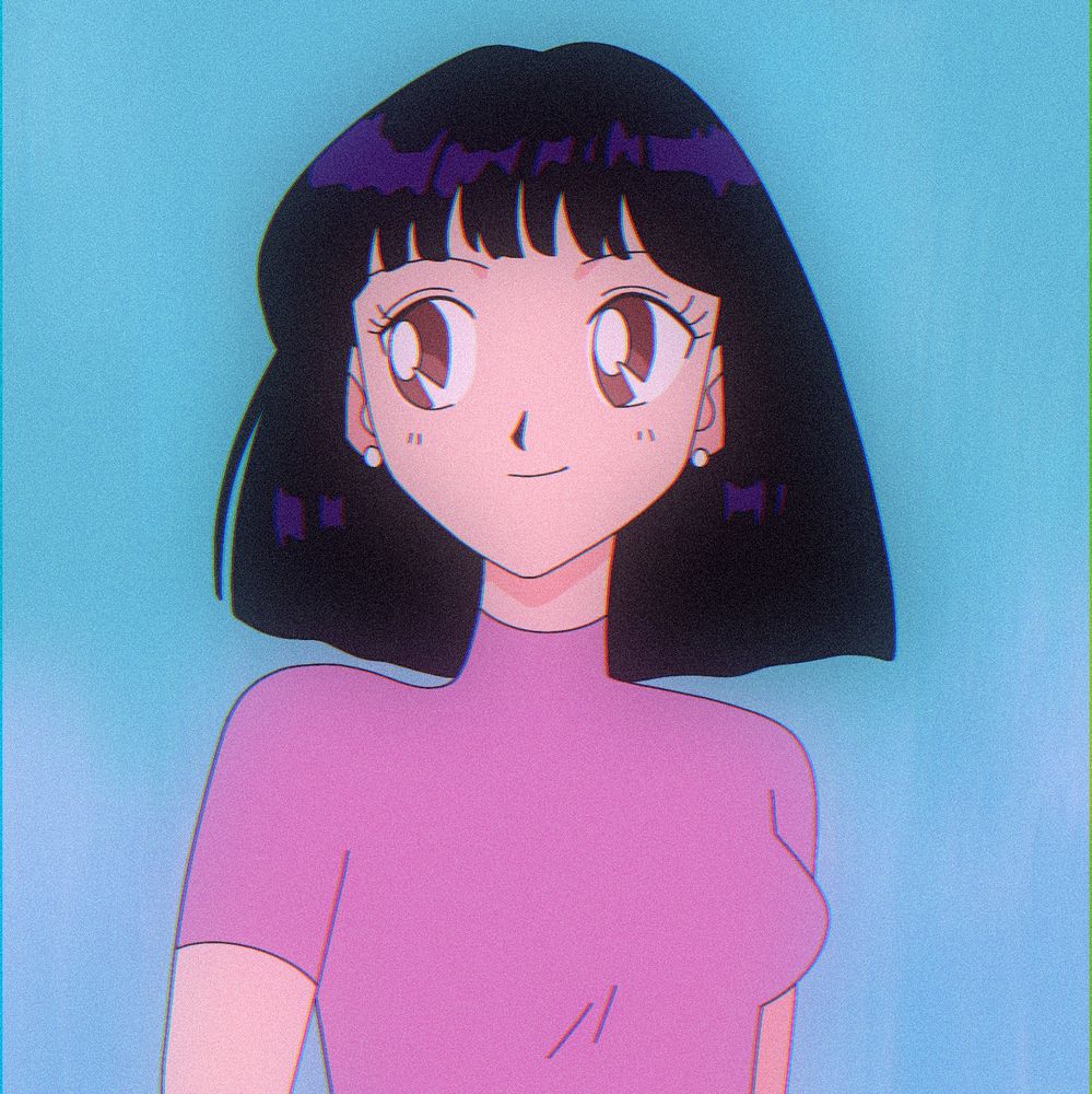 Girl with dark hair, wearing a purple shirt. Drawn in the style of 90s Sailor Moon. The background is pastel blue