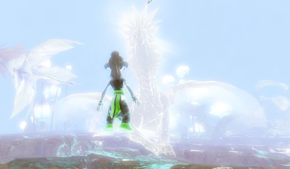 Pictue of an Asura Mesmer levitating in front of Aurene, in a very bright light,  in a cutscene in End of Dragons