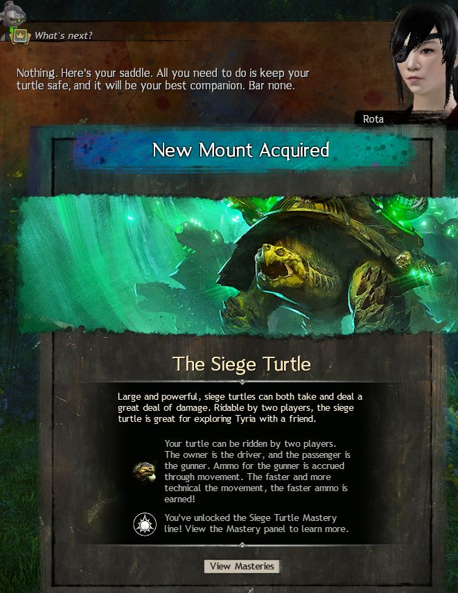The achievement window for the Siege Turtle in End of Dragons in Guild Wars 2