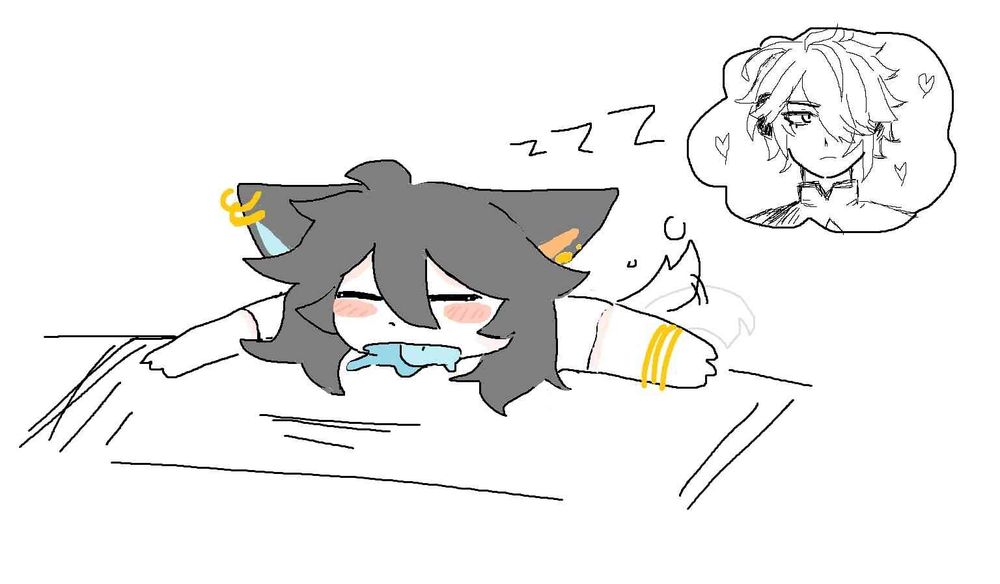 Old art of a sleepy drooling felix , dreaming of alhaitham 