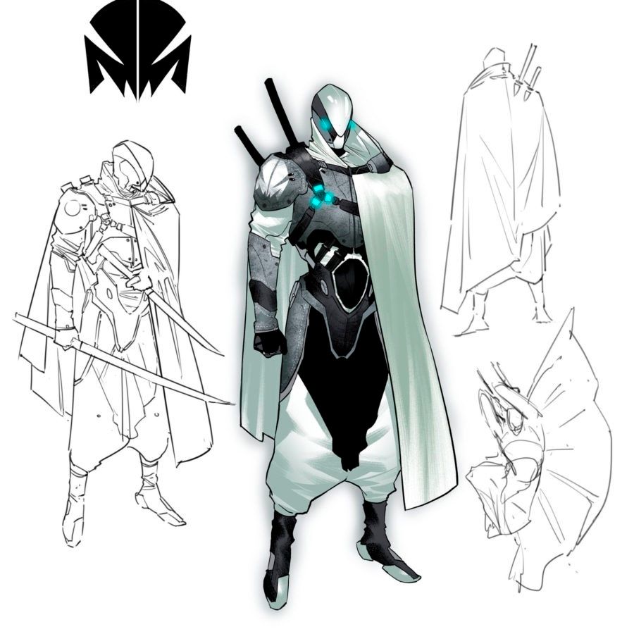 Ghostmaker surrounded by his own concept art. Drawn by jorge Jimenez 