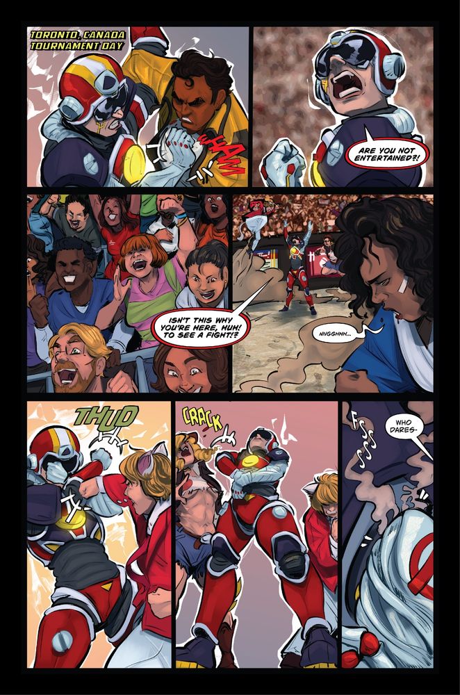 The First Page of Tournament Tour Fighter, with Illustrations done by Andy Aksu (@Narklos), Lettering by Rob Jones (@RobJonesWrites), and Story by H.L. Roberts (@HLRoberts), depicting a fight at the tournament with The Phantom Fighter solo'ing some of the fighters in the comic