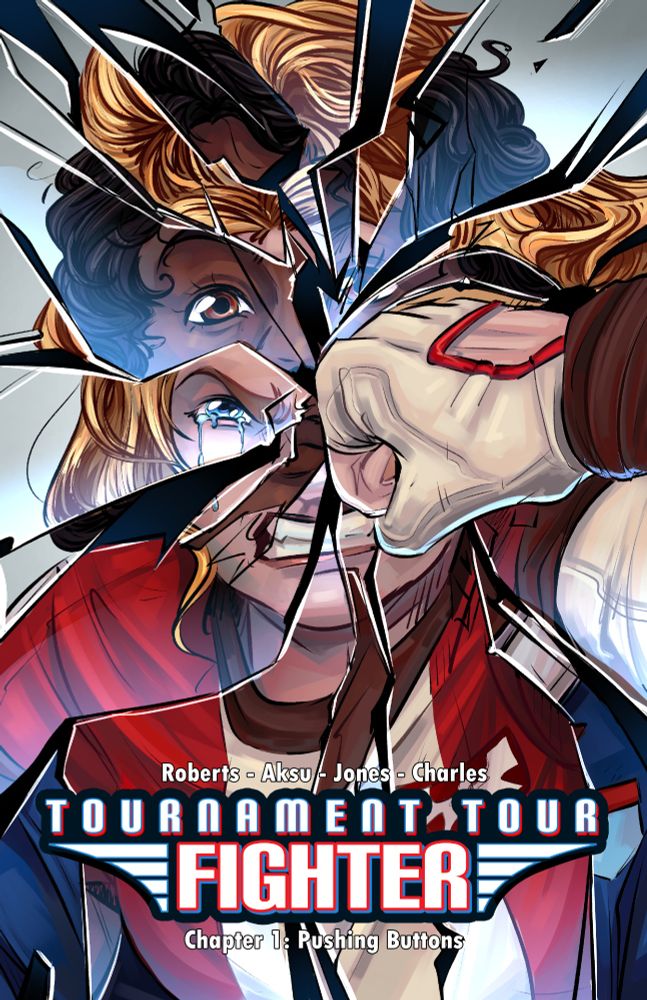 The Cover of Tournament Tour Fighter, Illustrated by TTF Artist Andy Aksu (@Narklos), which shows Olga striking a mirror that's reflecting her own reflection, and TTF Protagonist Miles