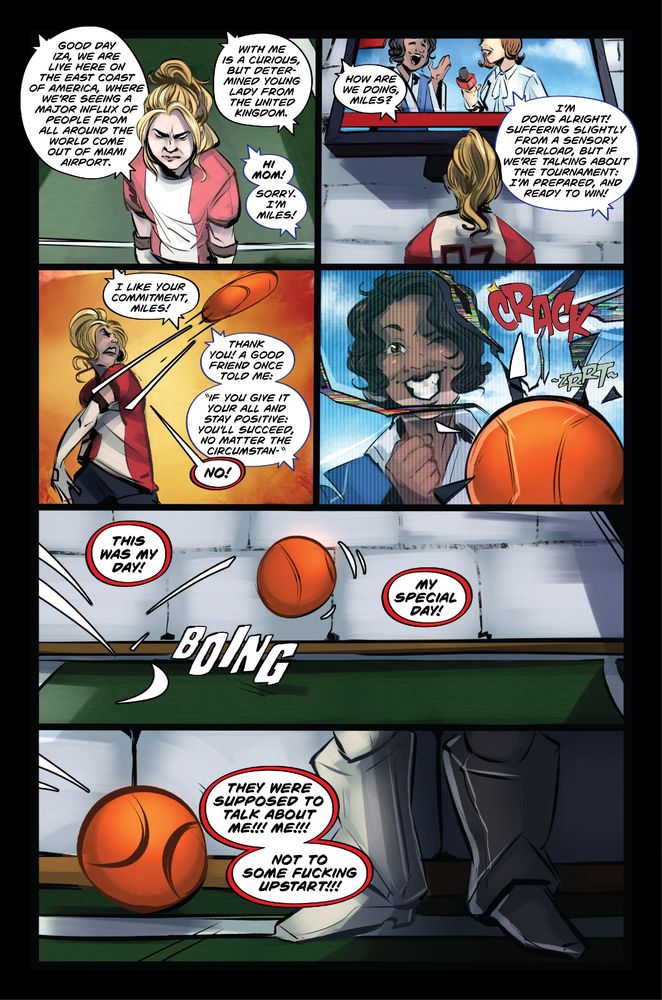 A Page Later in the comic, with all previous credits, that shows Olga's frustration that the Olympic Committee has not turned up for her signing to become part of Team Poland, and that Polish Media is interviewing Miles, who's a Brazilian Jiu Jitsu newbie, that's being broadcast across the world