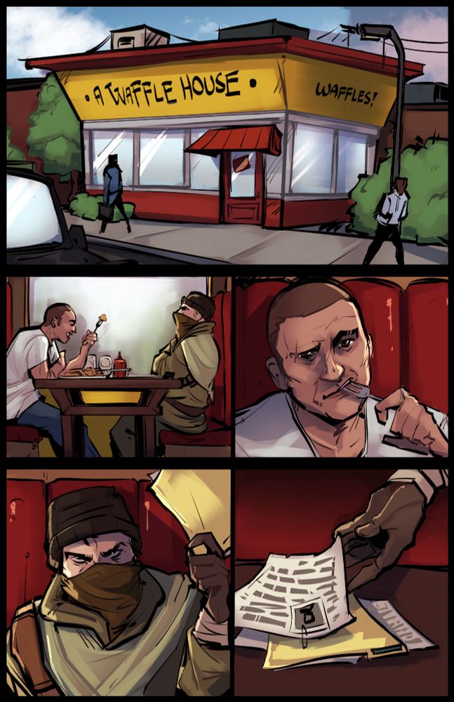 A few pages later into the comic, an unlettered page illustrated by Andy Aksu (@Narklos), depicting two character named Commander Wolfgang who's out of his Maltese Army Uniform and eating some breakfast at "A, Waffle House", alongside Ex-Soviet Konstantin, loyal to Russia's previous regime, exchanging information with his Mediterranean "friend" about fighters in the upcoming tournament.