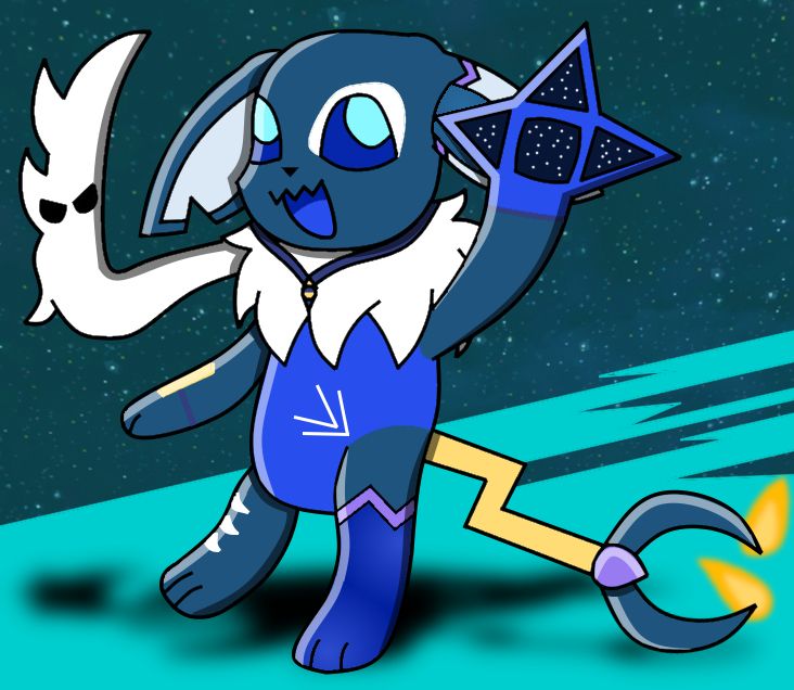 Mega Nicy Y (OC by nivy-tm.bsky.social), holding a paw up in the air, in front of a starry background.