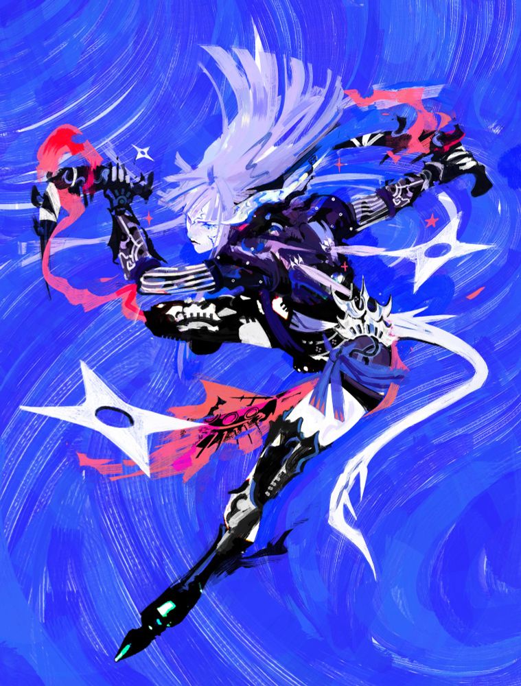 Comission work of an ffxiv character. She's an aora with white scales and purple hair wearing a ninja outfit