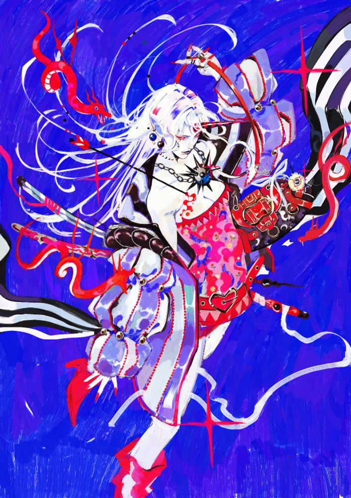Unicorn girl, holding a handbag, dragons around her. She's wearing a stripped jacket with a pink dress.