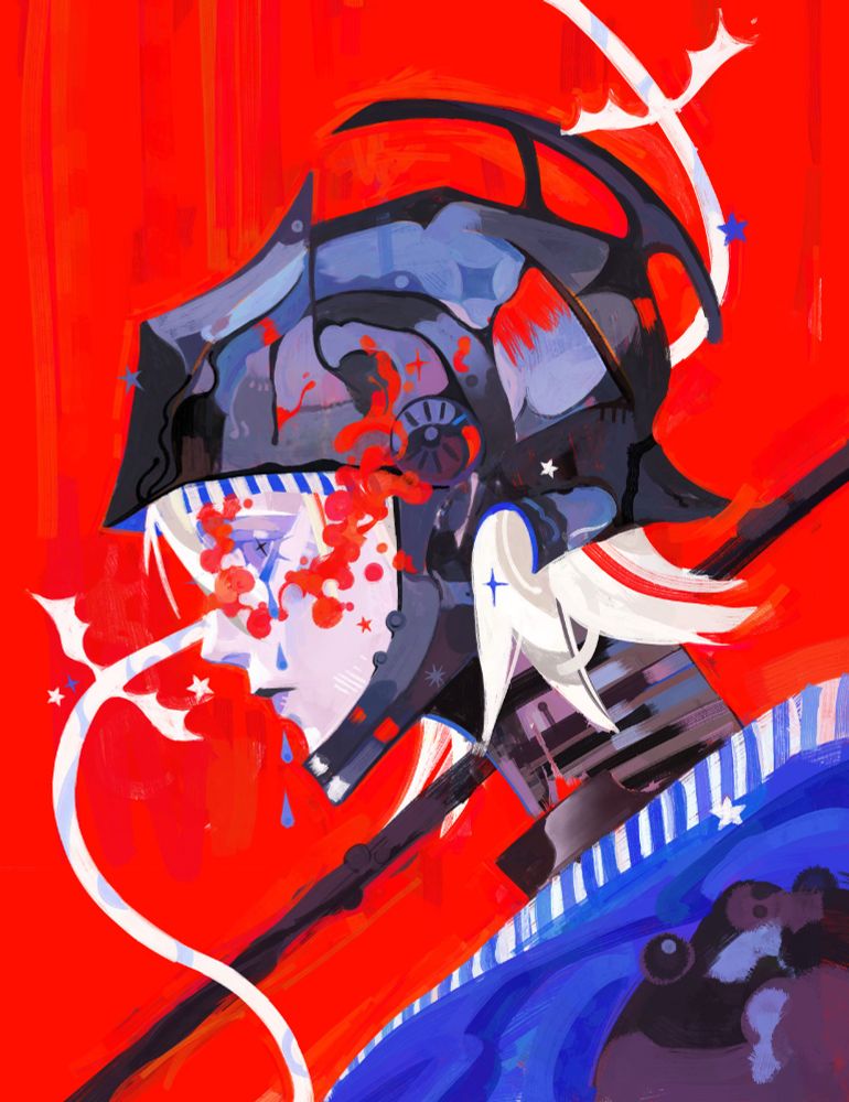 Character with a helmet, drenched in blood and crying. The artwork is mostly red and blue. 