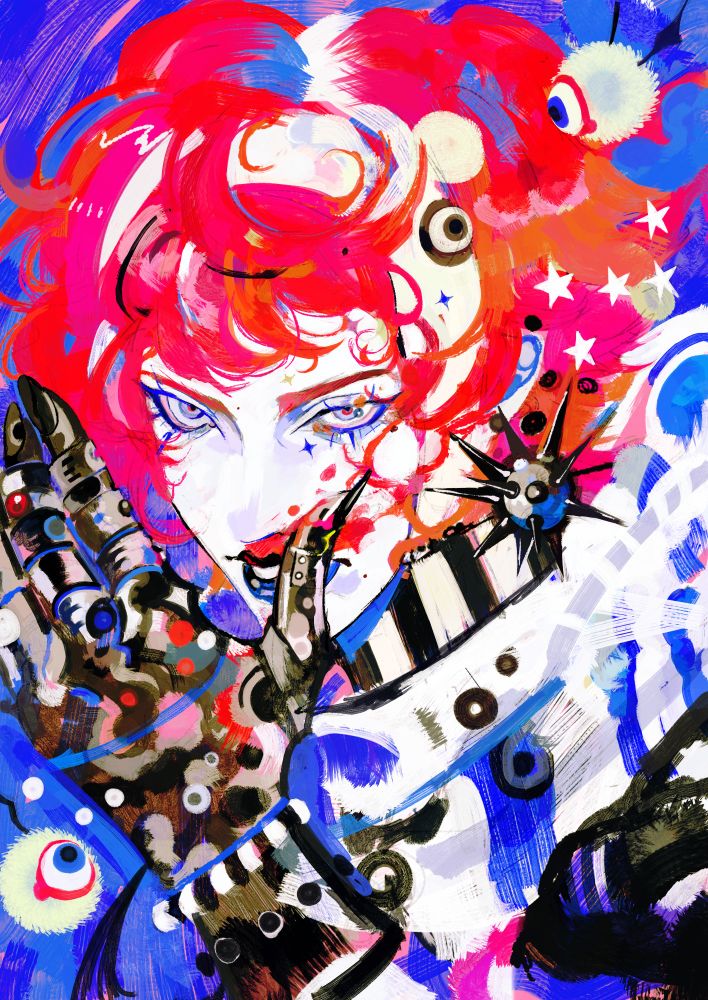 Red haired girl, blood is spilling out of her nose and she's wipping it off with her armored glove. She's also wearing a spiky earing and a striped scarf/cape