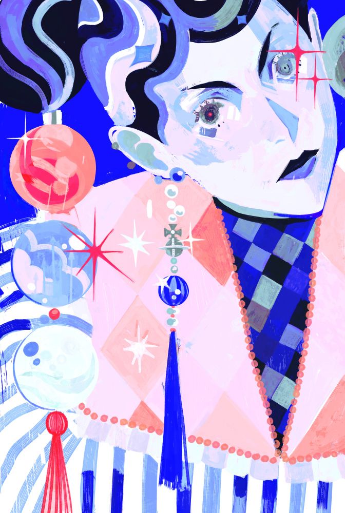 colorful artwork of a character wearing pearls in her hair