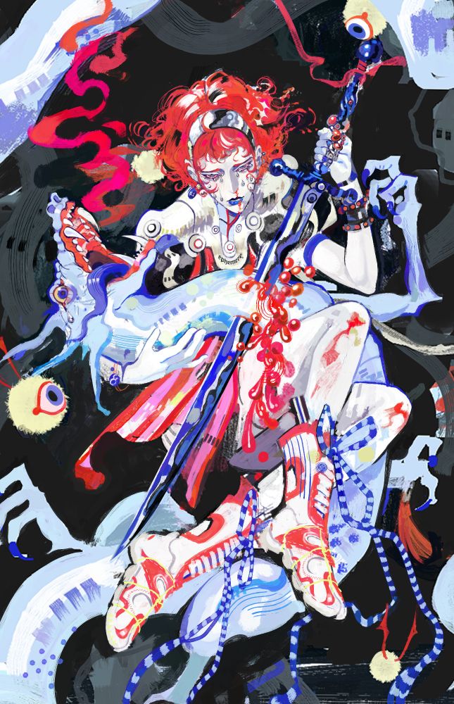 Girl stabbing a dragon, tears are rolling down her face, blood is dripping from the Dragon's wound