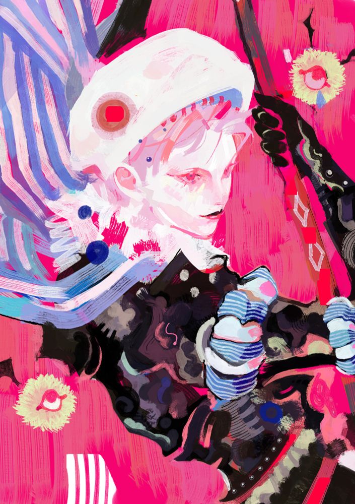Fantasy character wearing a black armor and surrounded by one eyed creatures