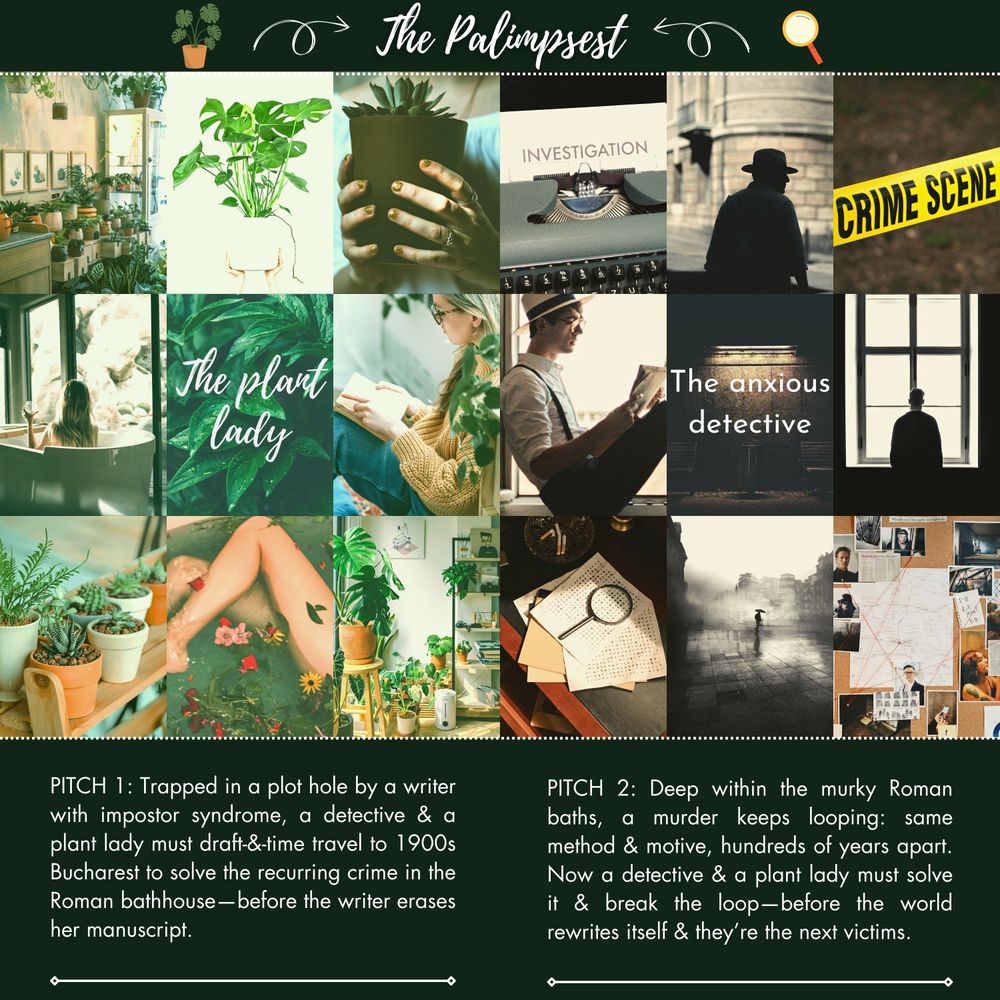 Two moodboards back to back, one cozy and comfy for the plant lady, the other dark and mysterious for the detective. Underneath, two pitches for the book.