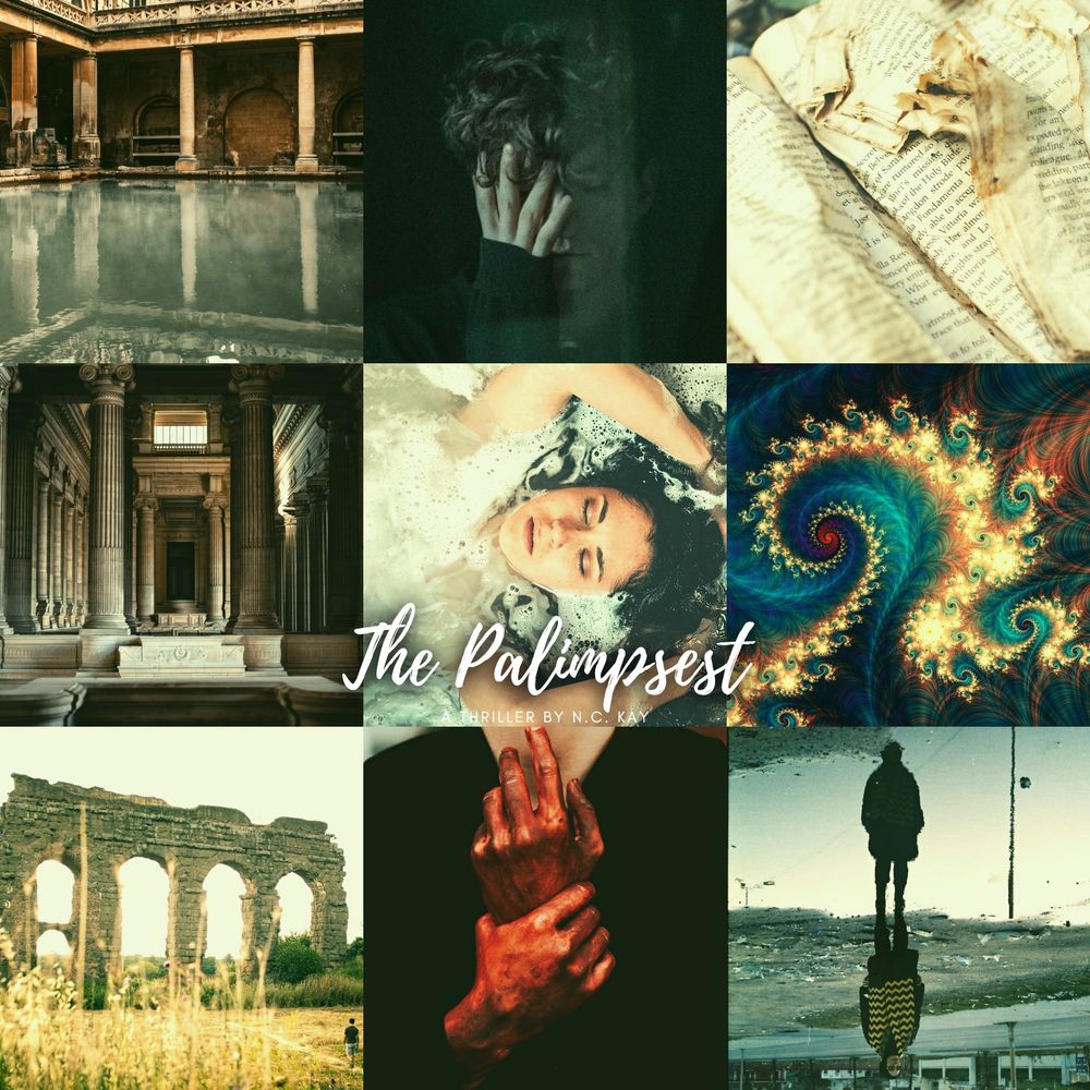 A dark, gloomy moodboard on a 3x3 grid depicting the following:
- first column: two ancient bathhouses and an aqueduct
- second column: an anxious man, a bathing woman, and a pair of hands covered in blood
- third column: a torn book, a recursive fractal, and a person reflected in a puddle.