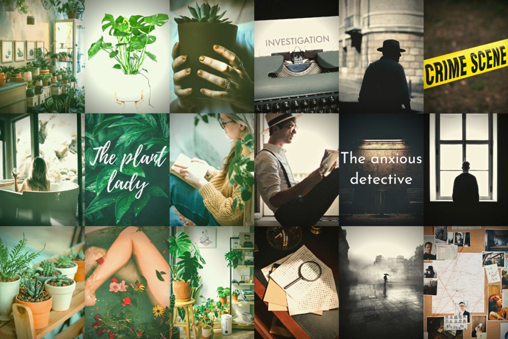 Two moodboards back to back, one cozy and comfy for the plant lady, the other dark and mysterious for the detective.