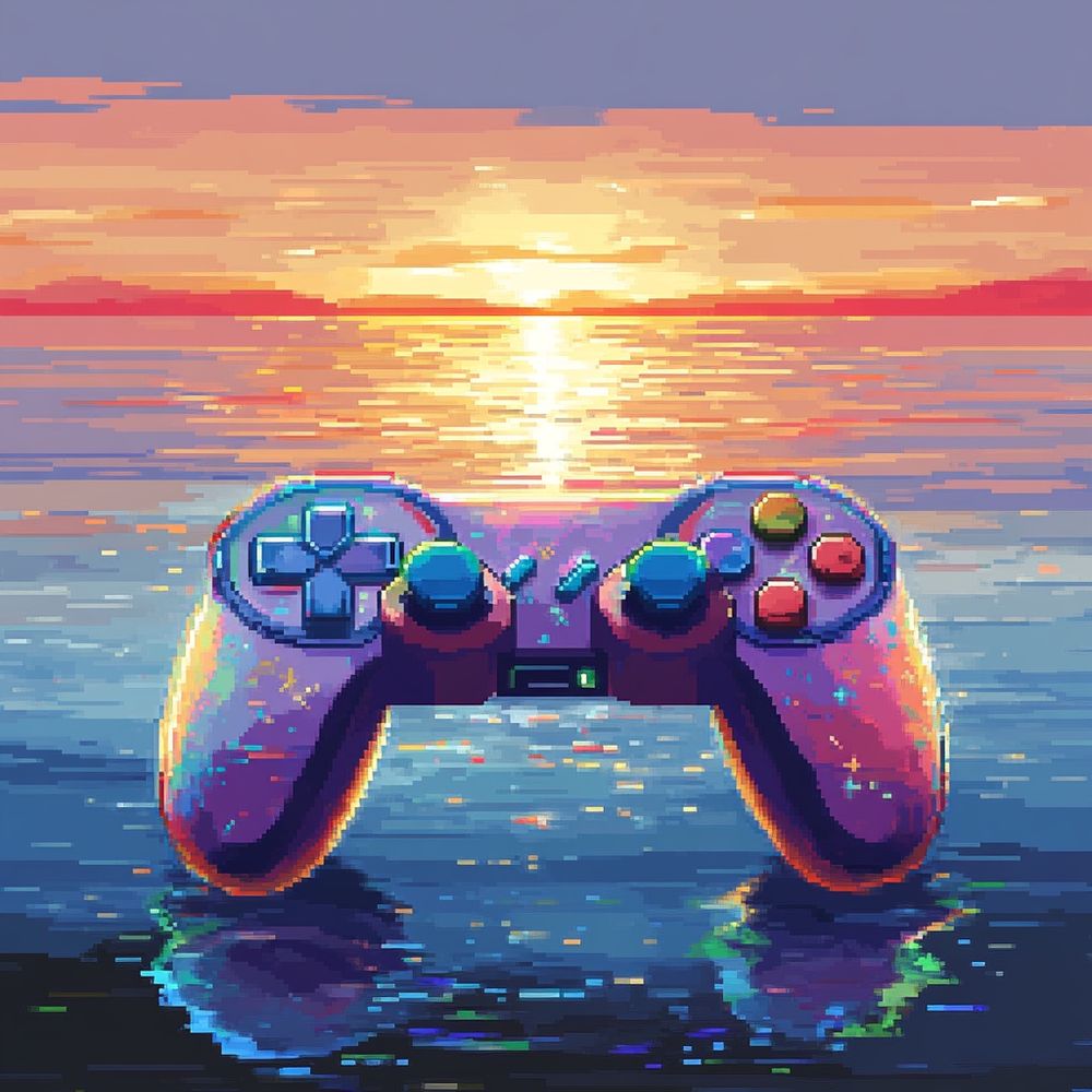 A pixelated, brightly and multi-coloured game controller floating above a waterscape, to a backdrop of a pixel sunrise. 