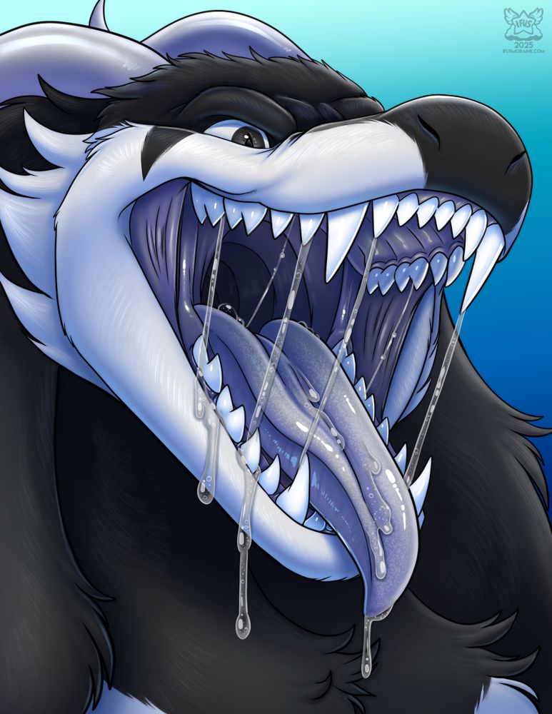 A black and white dragon with his mouth wide open to show his teeth, tongue and throat. Large amounts of drool drip down his teeth and jaw, he looks hungry!