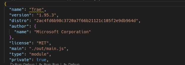 A screenshot from Trae's package.json, showing Microsoft Corporation as the author.