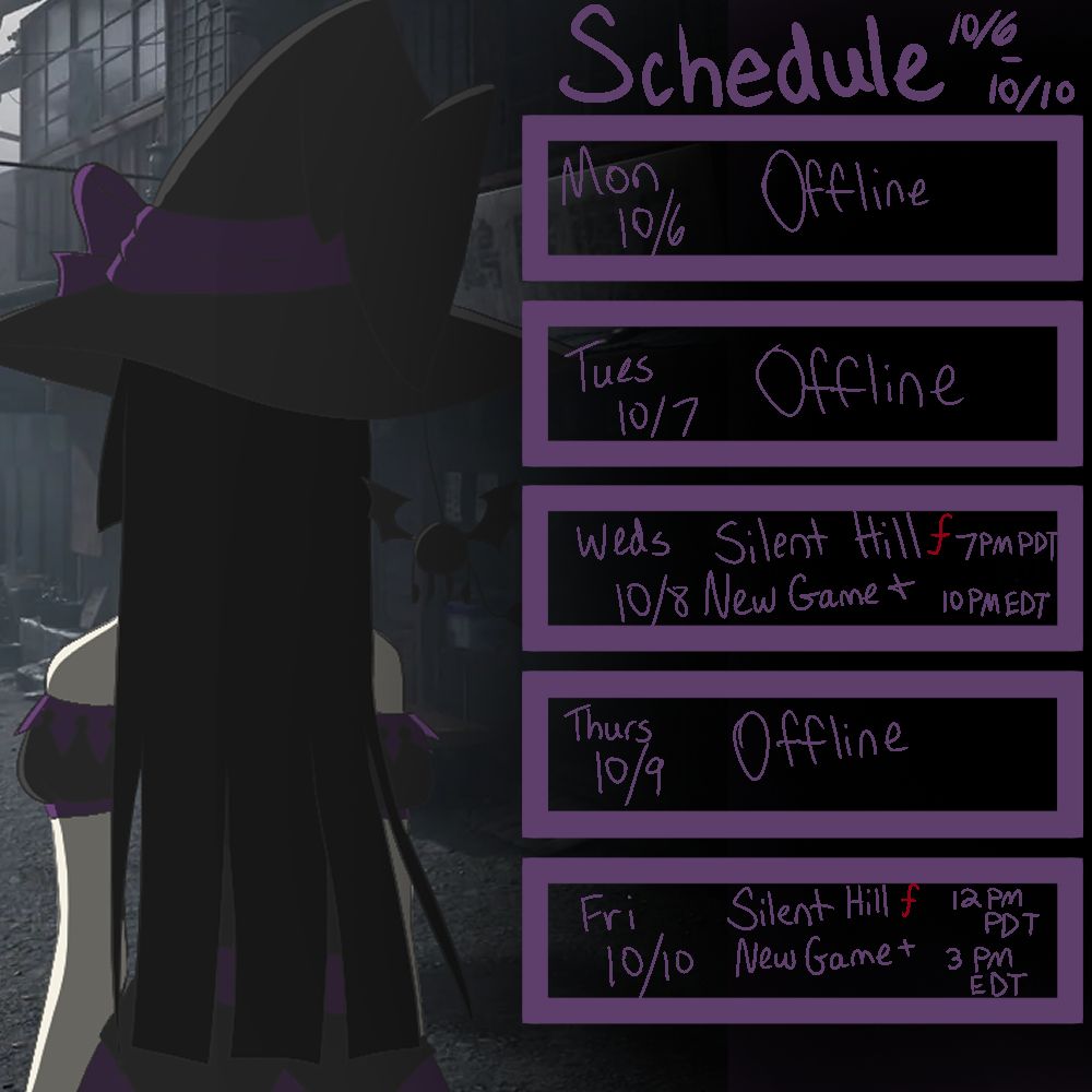 Schedule showing 2 streams, 1 on Wednesday, October 8 at 7 PM PDT and another on Friday, October 10 at 12 PM PDT.