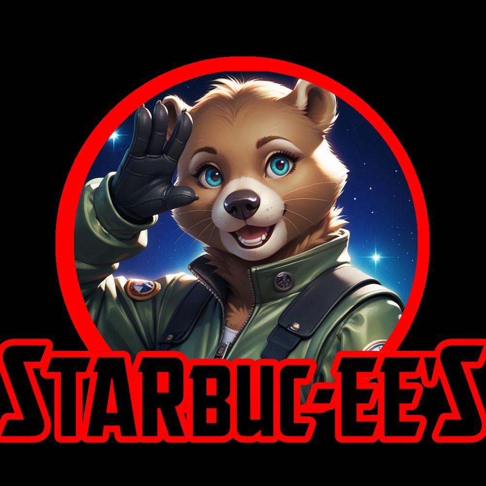 A feminine beaver wearing a "Battlestar Galactica" (modern reboot) flight suit and waving with a gloved paw above the stylized word: "Starbuc-ee's"