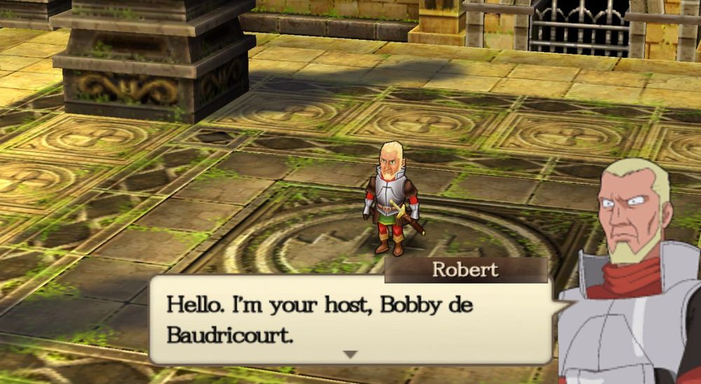 A screenshot from the PSP game "Jeanne D'Arc" with the character Robert saying "Hello. I'm your host, Bobby de Baudricourt.".