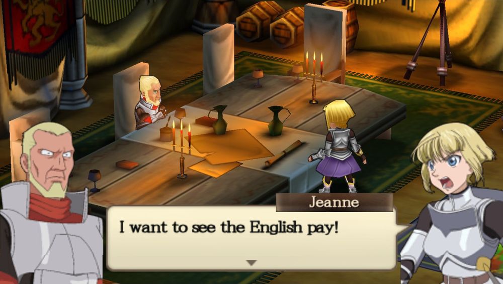 An image from the game "Jeanne D'Arc" for the PSP with Jeanne, the protagonist saying "I want to see the English pay!".