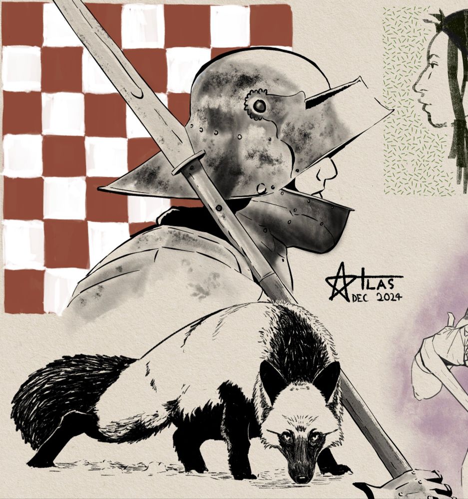 Man's side profile wearing an armor helm with visor up. You can also see his armor shoulder pad and glove as he holds his lance. Under him, a black and white fox with his head down looking straight at the viewer. Both done using digital inking techniques.
