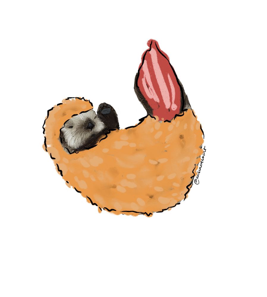Drawing of Tofino the baby sea otter dressed as a fried shrimp