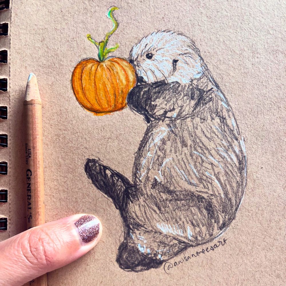 Graphite sketch of Tofino the baby sea otter playing with an orange pumpkin