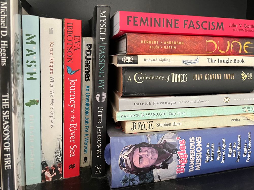 A book shelf including Michael D Higgins - The Season of Fire; Richard Hooker - M*A*S*H; Kazuo Ishiguro - When we were orphans; Eva Ibbotson - Journey to the River Sea; PD James - An unsuitable job for a woman; Peter Jankowsky - Myself passing by; Julie V Gottlieb - Feminine Fascism; Graphic Novel version of Dune (Herbert, Anderson, Allen, Martin); Rudyard Kipling - The Jungle Book; John Kennedy Toole, A Confederacy of Dunces; Patrick Kavanagh - Tarry Flynn and Selected Poems; James Joyce - Stephen Hero; Captain W E Johns - a Biggles compilation “Dangerous Missions”