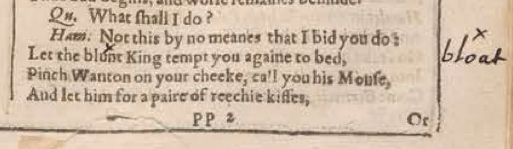 An image from an early printed play text, text as per the beginning of the linked blog post. There is an x written in ink above 'blunt' and in the right hand margin x bloat has been written in ink.
