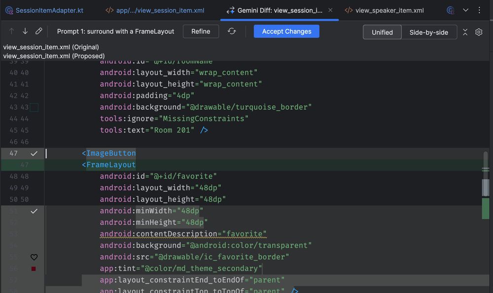 A screenshot of a code diff in Android Studio.
